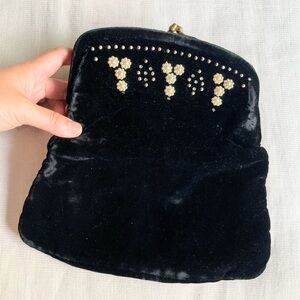 Vintage 1950s Black Velvet Foldable Clutch Bag with Faux Pearls & Crystal Beads